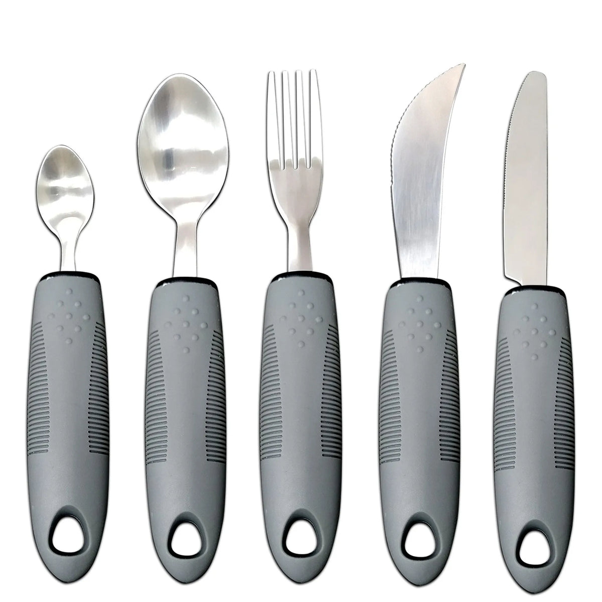 Anti-shake adaptive tableware set with stainless steel utensils and rubber handle grips