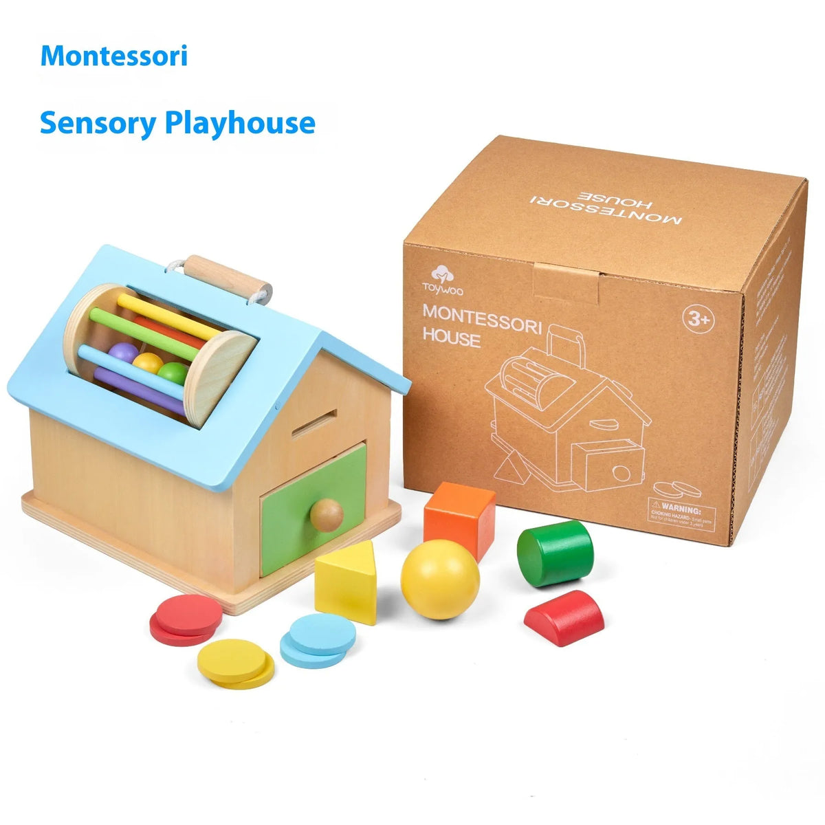 Wooden Montessori cottage educational puzzle toy set for children aged 4-6 in a colour box.
