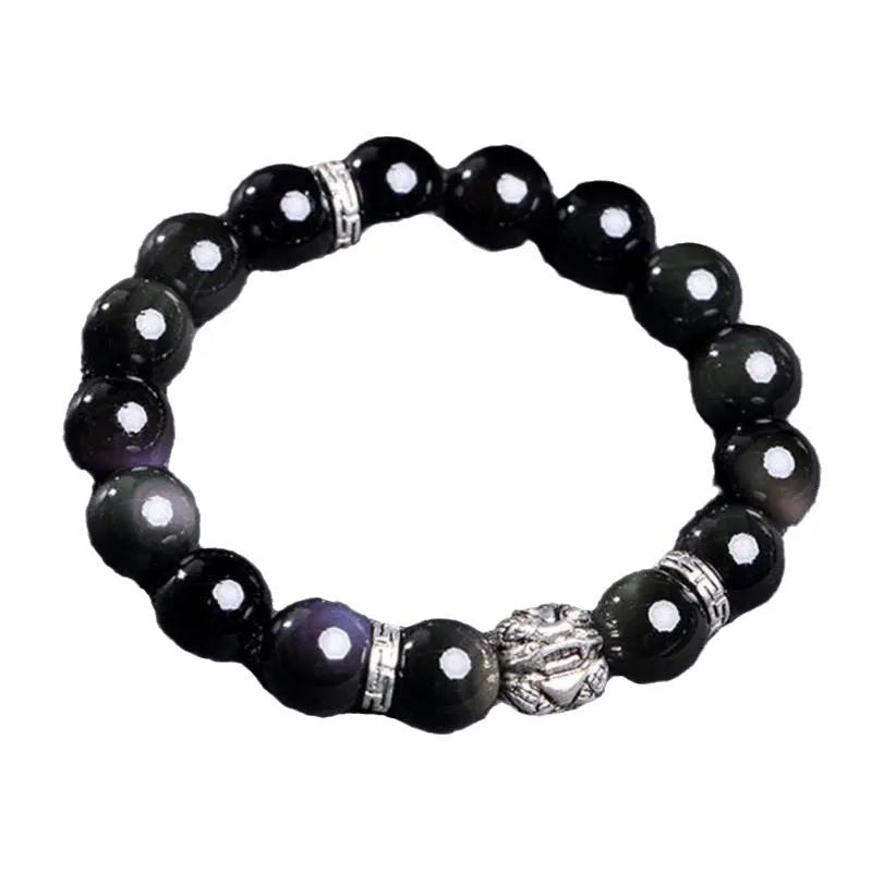 Obsidian and 999 silver beaded bracelet showing Jucai NAFU stone detail in two size options.