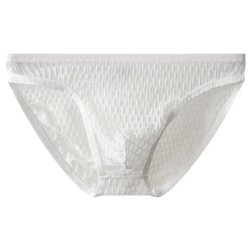 Men's low waist transparent lace underwear in solid colour on size chart