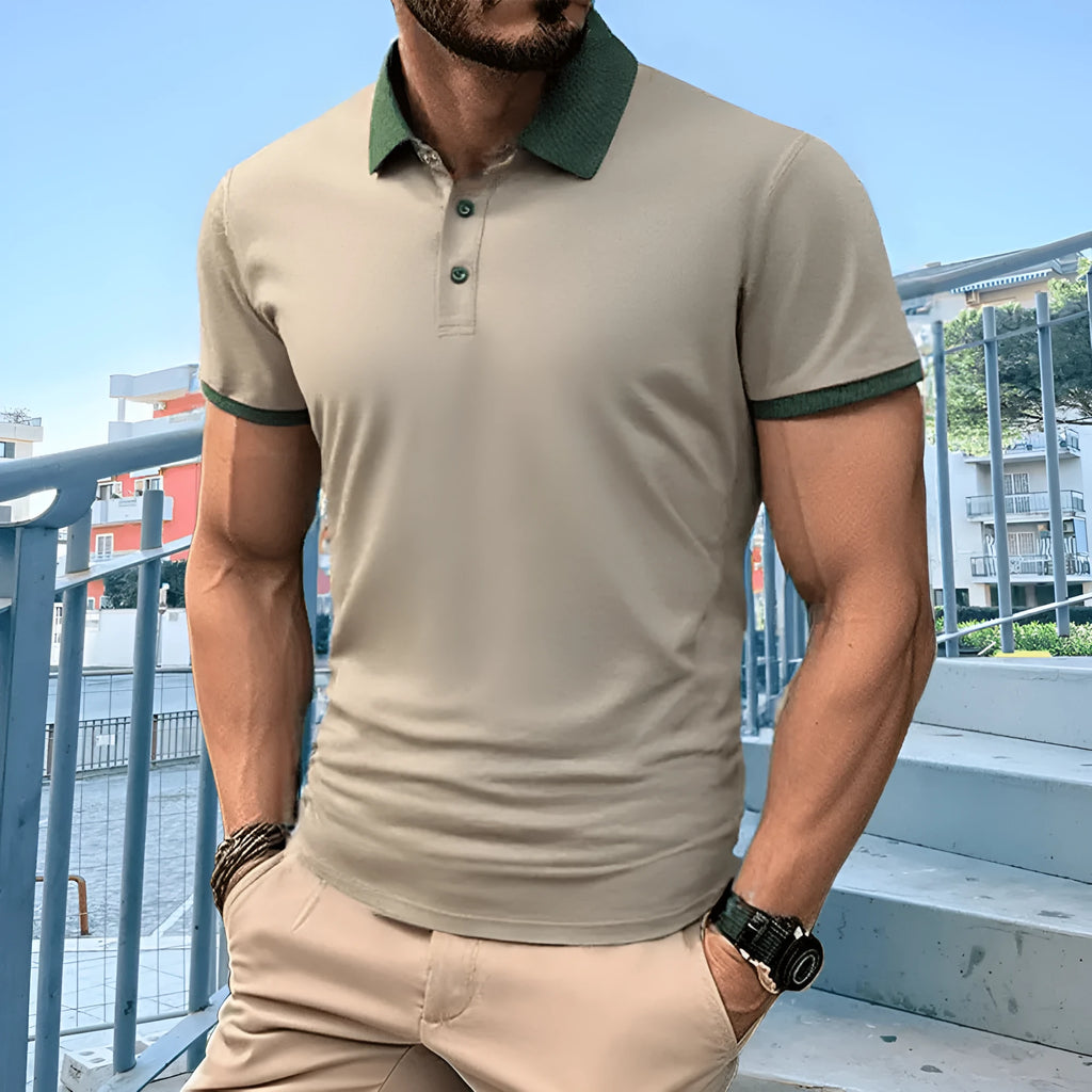 Summer polo shirt with ice silk fabric, short sleeves, lapel collar, and flocking print detail in six colours