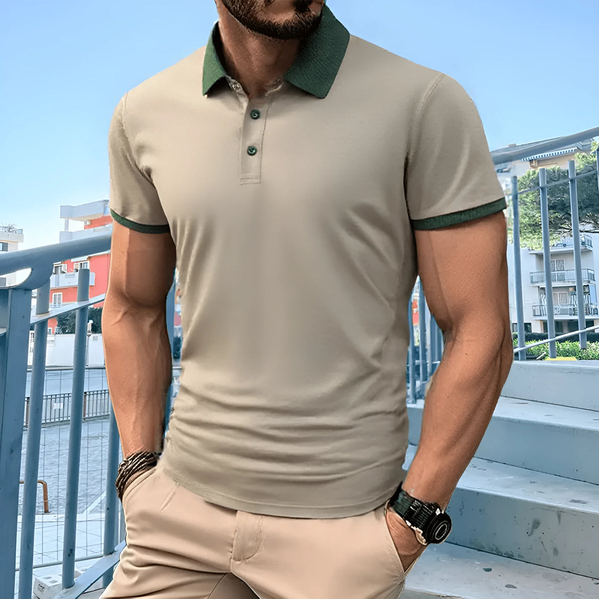 Summer polo shirt with ice silk fabric, short sleeves, lapel collar, and flocking print detail in six colours