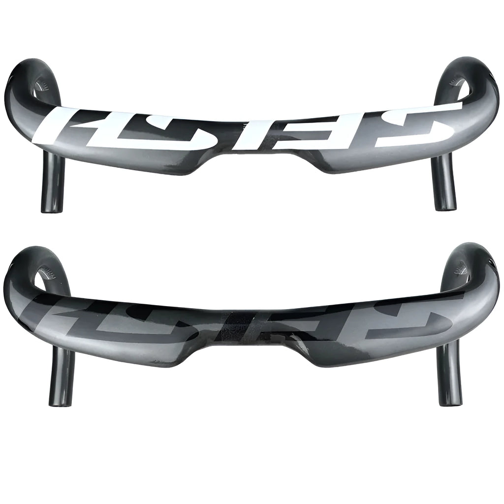 Carbon fibre road bicycle drop handlebar shown in a choice of colours and multiple width sizes.