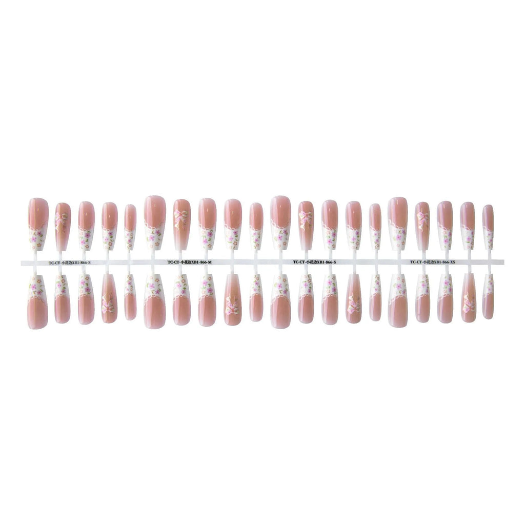 Small floral prefabricated nail tips with long ladder velvet seal layer in white small lace pattern XB1-866