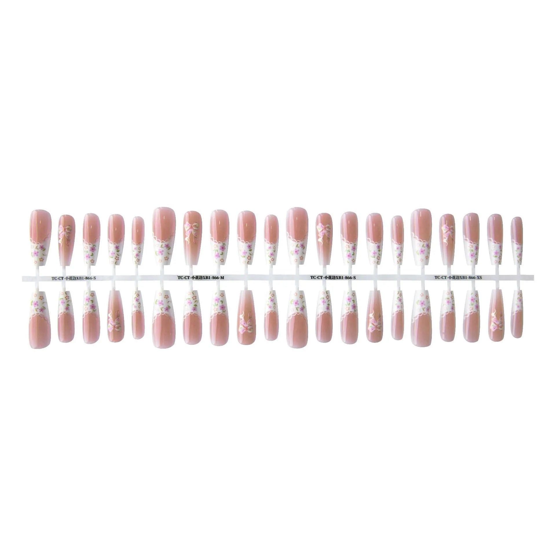 Small floral prefabricated nail tips with long ladder velvet seal layer in white small lace pattern XB1-866