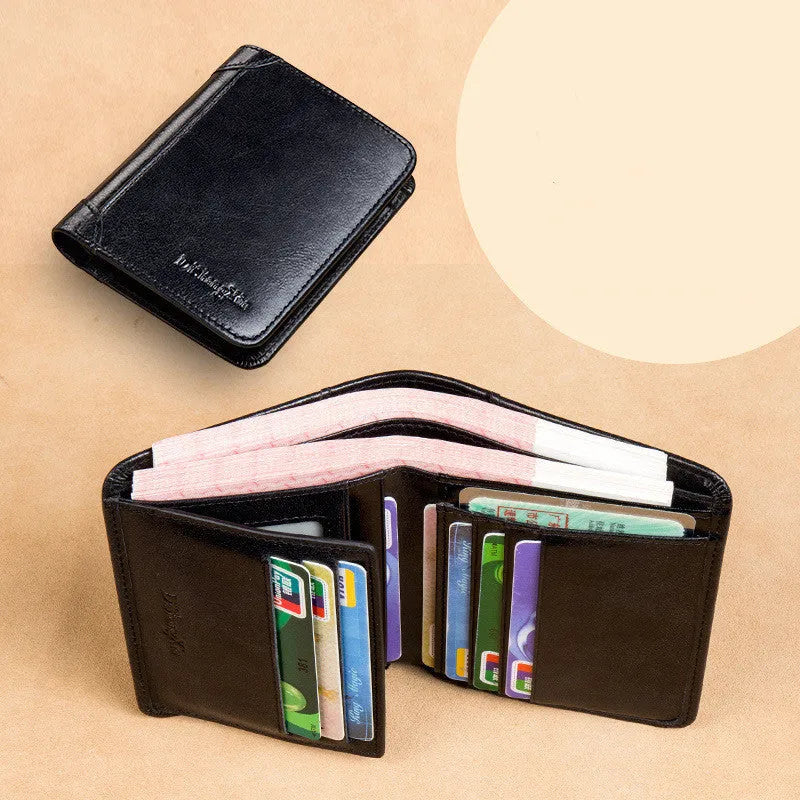 Men's black leather wallet showing multiple card slots, coin pocket, and document section