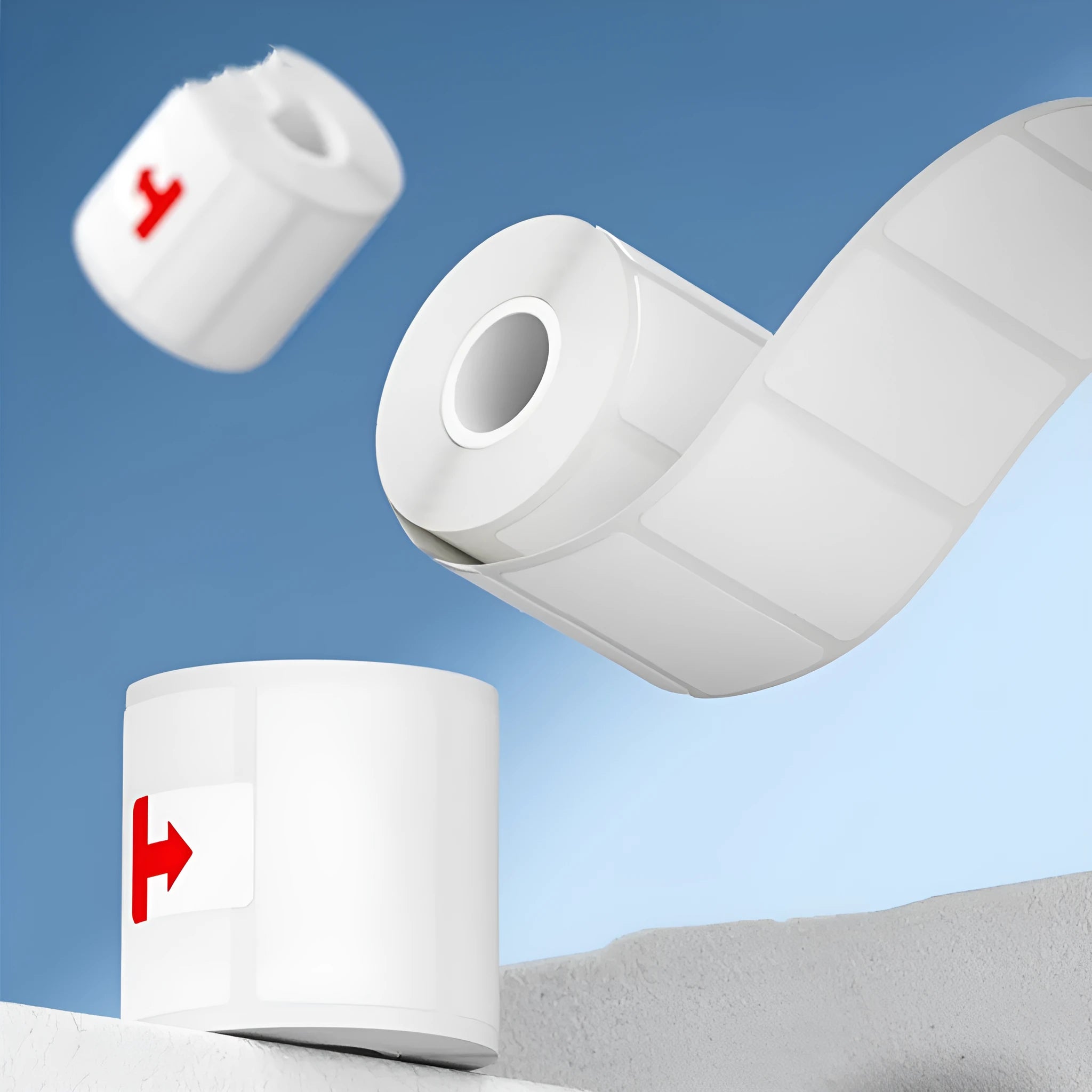 Roll of bright white 40x40mm thermal synthetic paper adhesive labels for retail pricing