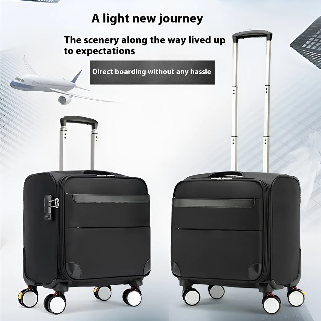 18-inch black Oxford cloth boarding suitcase with retractable handle and universal wheels
