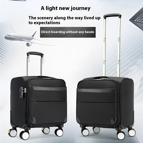 18-inch black Oxford cloth boarding suitcase with retractable handle and universal wheels