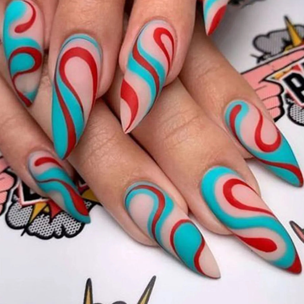 Almond-shaped rainbow nail stickers with colourful plaid lines and French ripple patterns in European square style