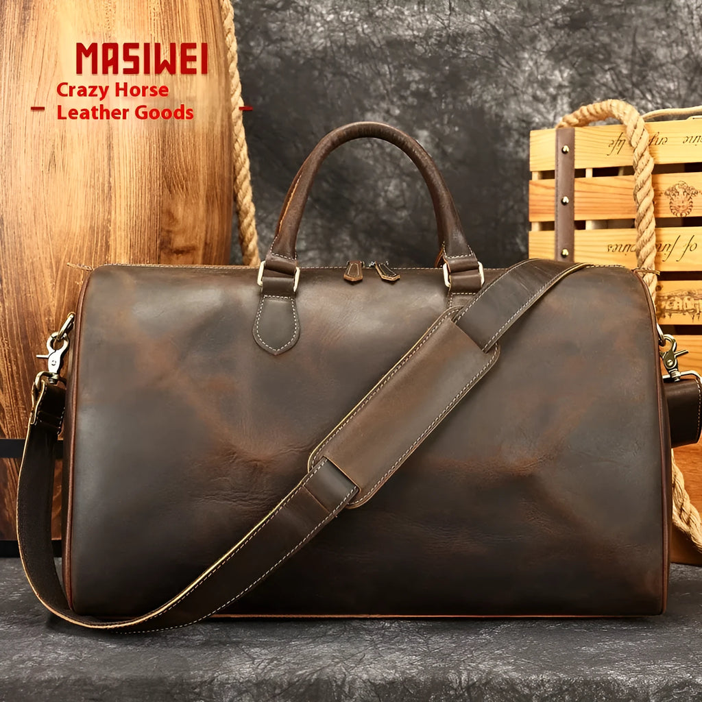 Men's vintage-style genuine leather crossbody bag in large size with crossbody strap.