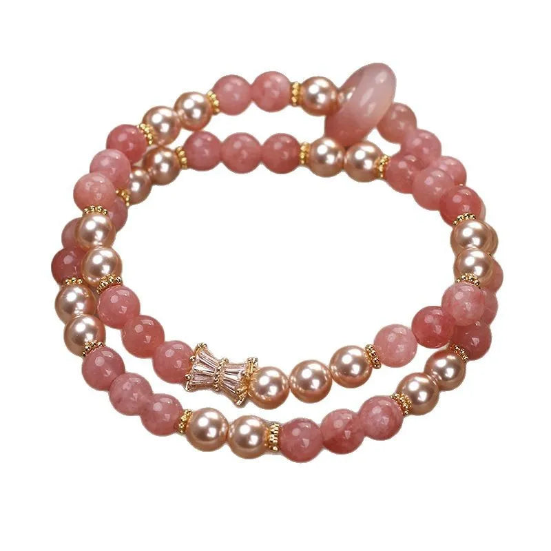 Pink strawberry quartz pearl bracelet for women, crystal beaded sweet style jewellery