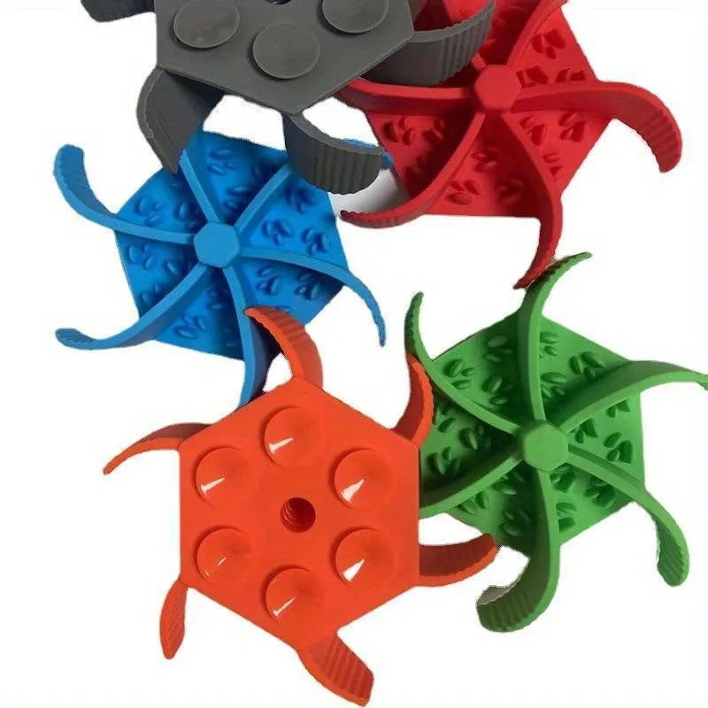 Silicone pet slow food licking pad with sucker cup for dogs and cats, shown in blue, green, grey, or red.