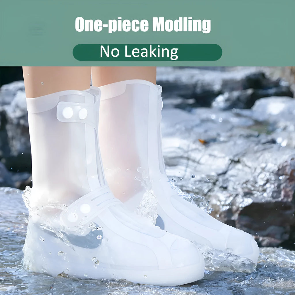 White high-top PVC reusable shoe covers for women with anti-skid sole.