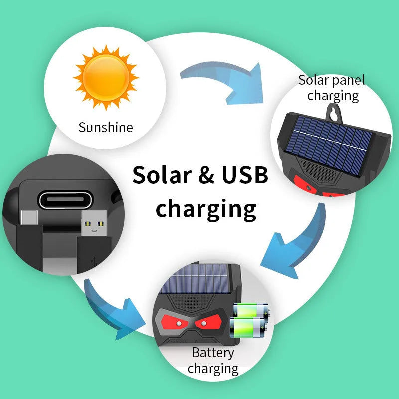 Black solar-powered ultrasonic outdoor animal repeller device with charging cable.