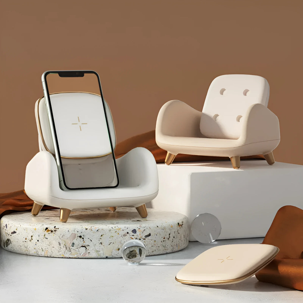 White USB wireless charger, solid colour pattern, 98mm x 95mm x 115mm, for sofa chair or desk.