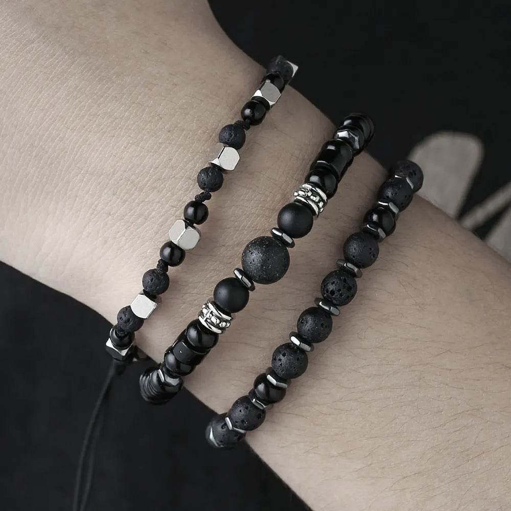 Hand-woven volcanic stone bracelet set of 3 with 18mm geometric beads in frosted finish, colours ZJ13132 and ZJ14266