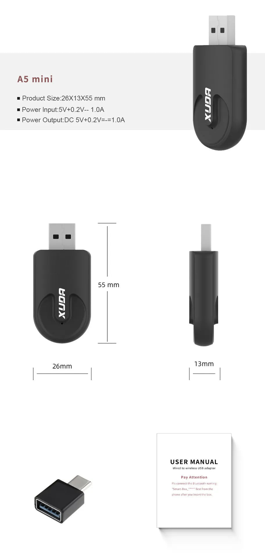 Mini black CarPlay USB interface for wireless vehicle connectivity