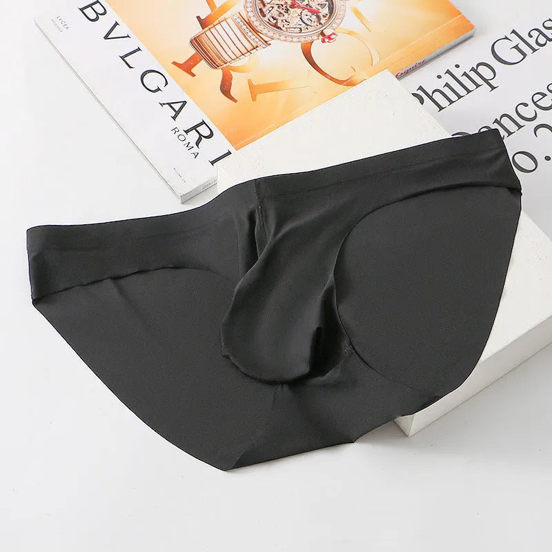 Ice silk seamless men's briefs in black with bulge support and quick-dry fabric.