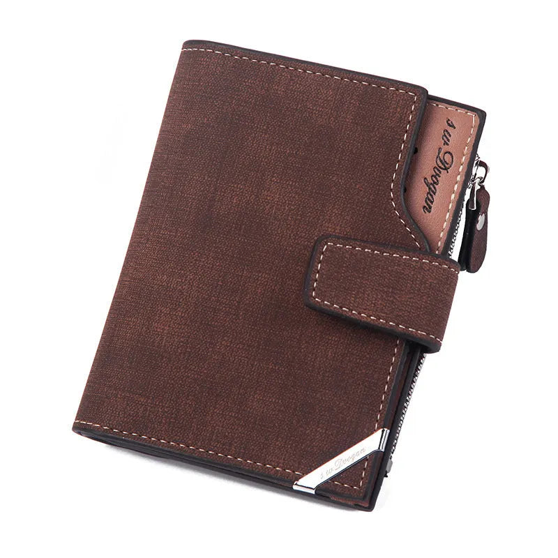 Men's short PU leather wallet with zip buckle, retro hit colour, 12.5 x 9.8 x 1.8 cm, grey black brown