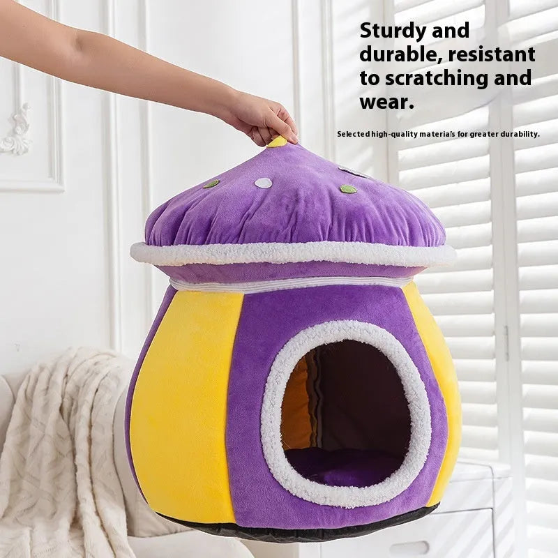 Grey mushroom-shaped plush cat nest with a detachable blanket on a wooden floor.