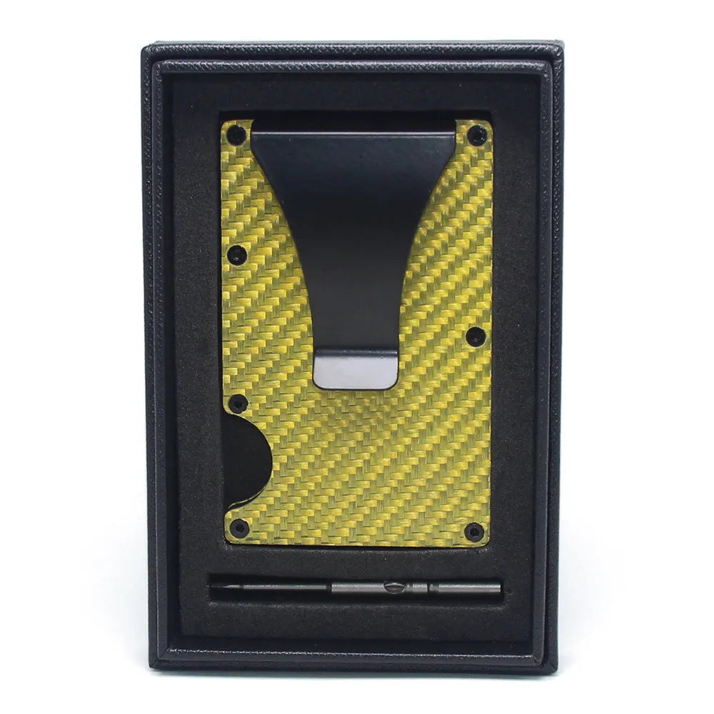 Geometric carbon fibre card holder showing 8mm thickness with capacity for multiple bank cards