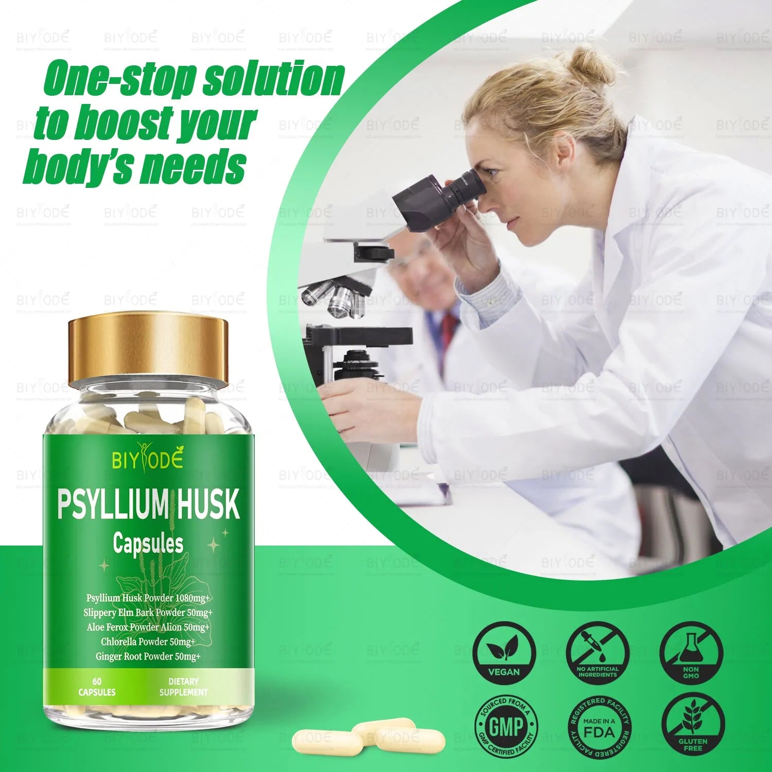 Bottle of 60 psyllium husk powder capsules fibre supplement