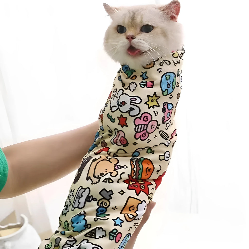 Colourful cartoon cat printed nylon cosmetic bag showing animal design pattern and zipper closure