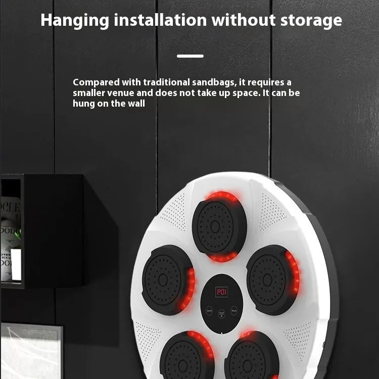 Wall-mounted smart boxing trainer sandbag in black with LED lights on a white wall.