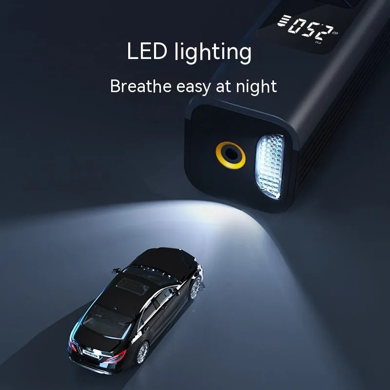 Wireless car inflator pump with digital display, vacuum cleaner attachment and emergency lighting functions