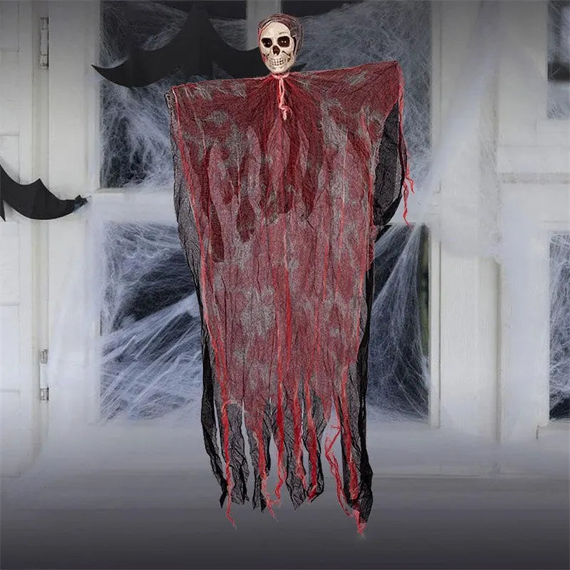 Halloween hanging ghost pendant with dyed blood skull face and wavy ghost clothes on a porch