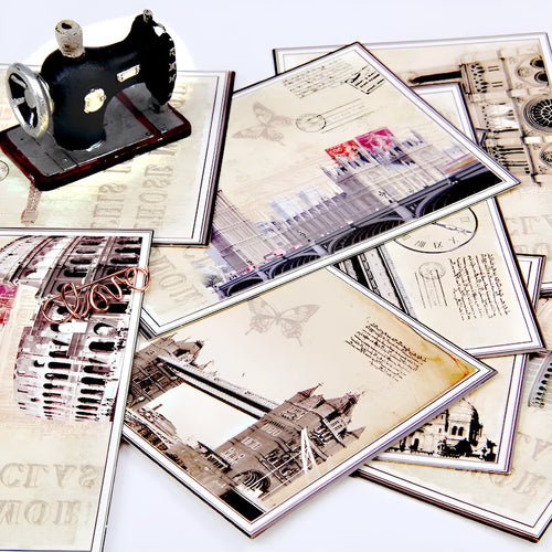 Nine Japanese-style postcards showing historic sites in cartoon minimalist illustration style