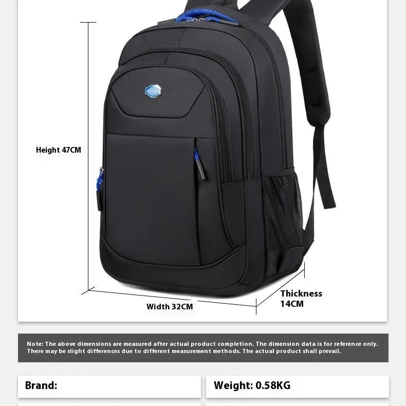 Solid colour Oxford cloth student backpack with curved shoulder straps and multiple storage compartments.