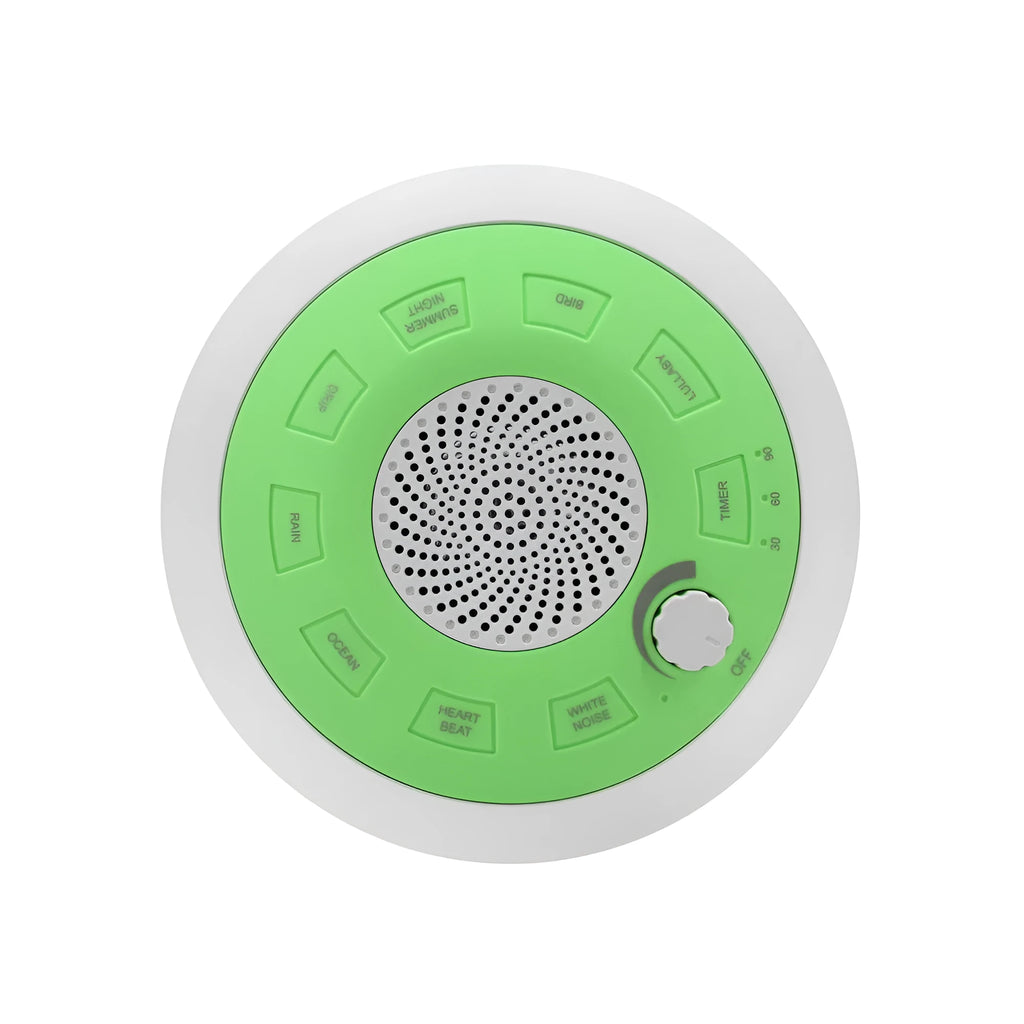 Rechargeable white noise sleep aid instrument in blue or green flying saucer design with music function