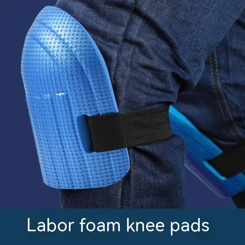 A pair of EVA foam kneecap pads in blue, showing their curved shape and approximately 11mm thickness.