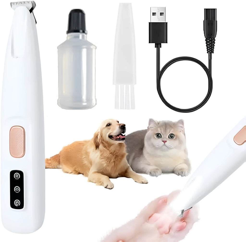 White electric dog paw trimmer with LED light and four attachment options on black background
