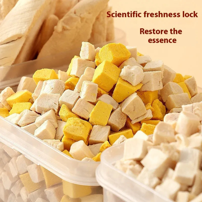 500g freeze-dried pet snack barrel for cats and dogs with chicken breast, egg yolk, chicken liver and duck liver flavours