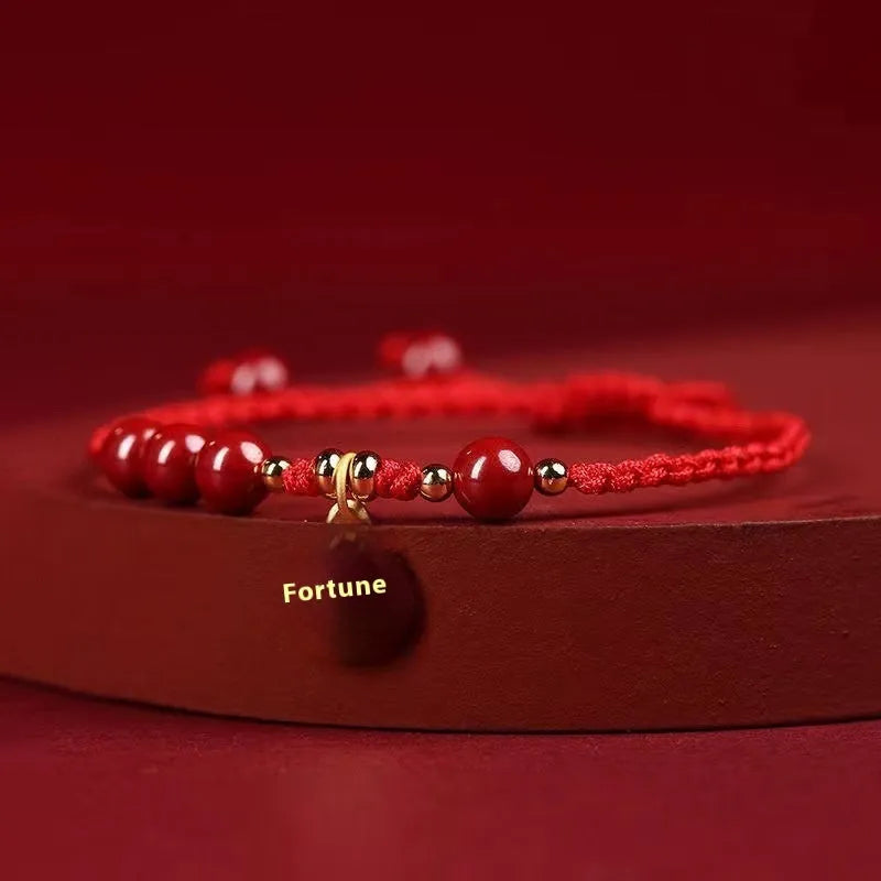 Cinnabar braided rope bracelet with blessing card in black, red, or wine red, round bead or five petal flower style