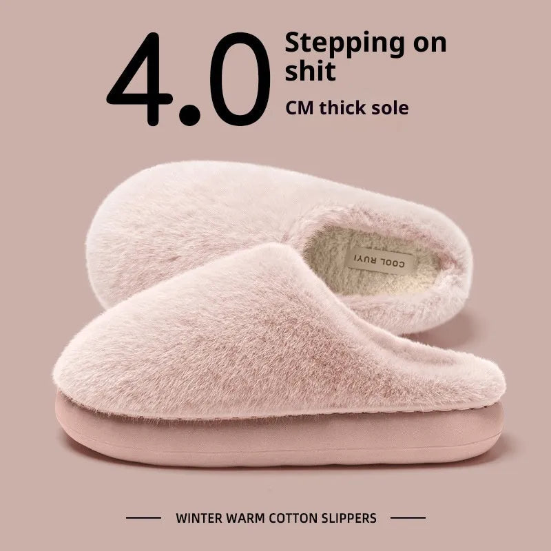 Non-slip winter insulated slippers with artificial wool lining and plush upper, available in five colours and sizes 36-45