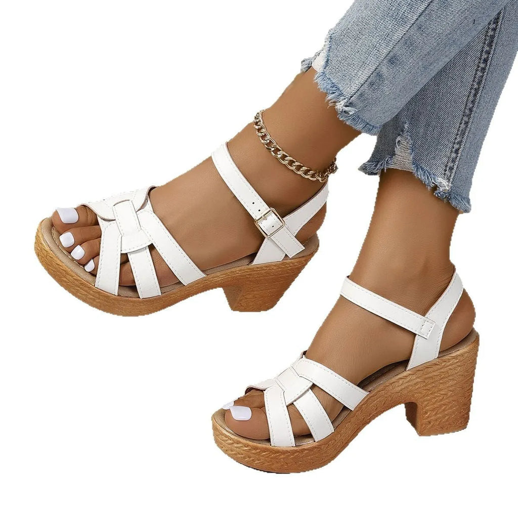 Plus size women's peep toe sandals with chunky heel and ankle-strap buckle in black, brown, or white