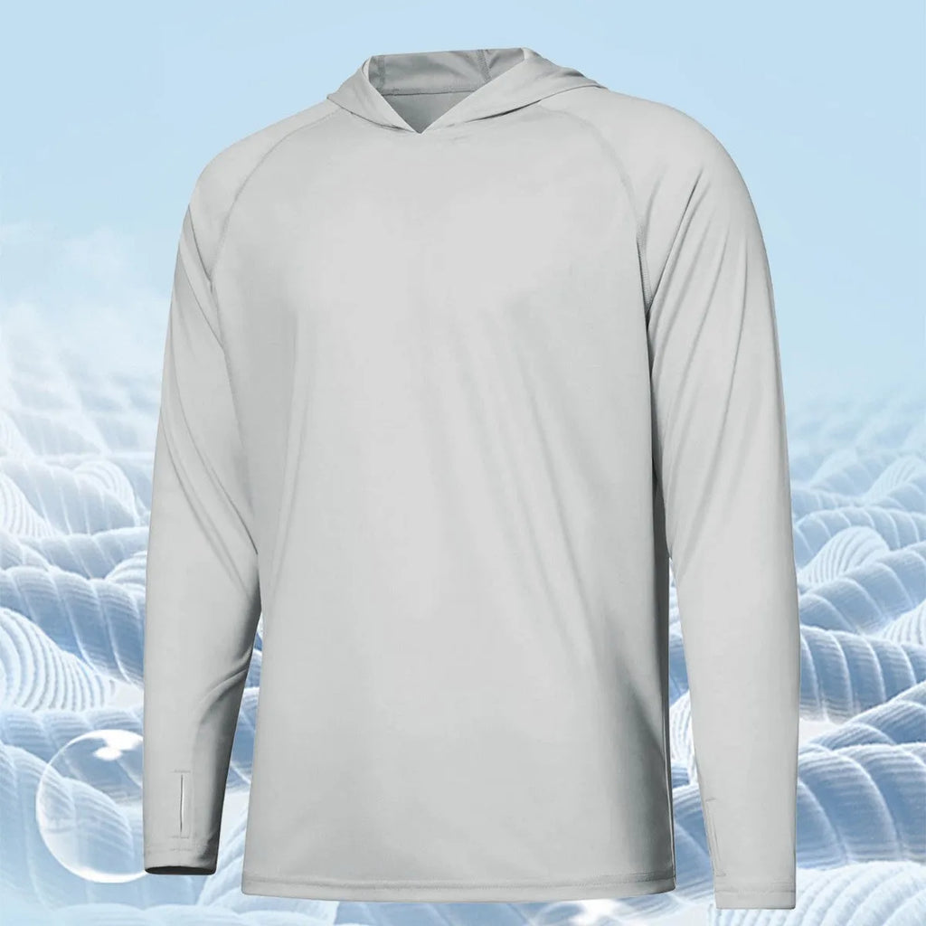 Thin polyester outdoor hooded long sleeve top for UV protection during fishing and hiking