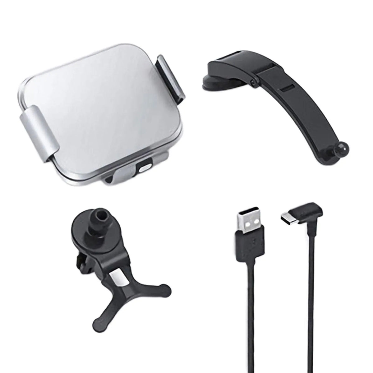Grey car phone holder with wireless charging and folding screen design on dashboard