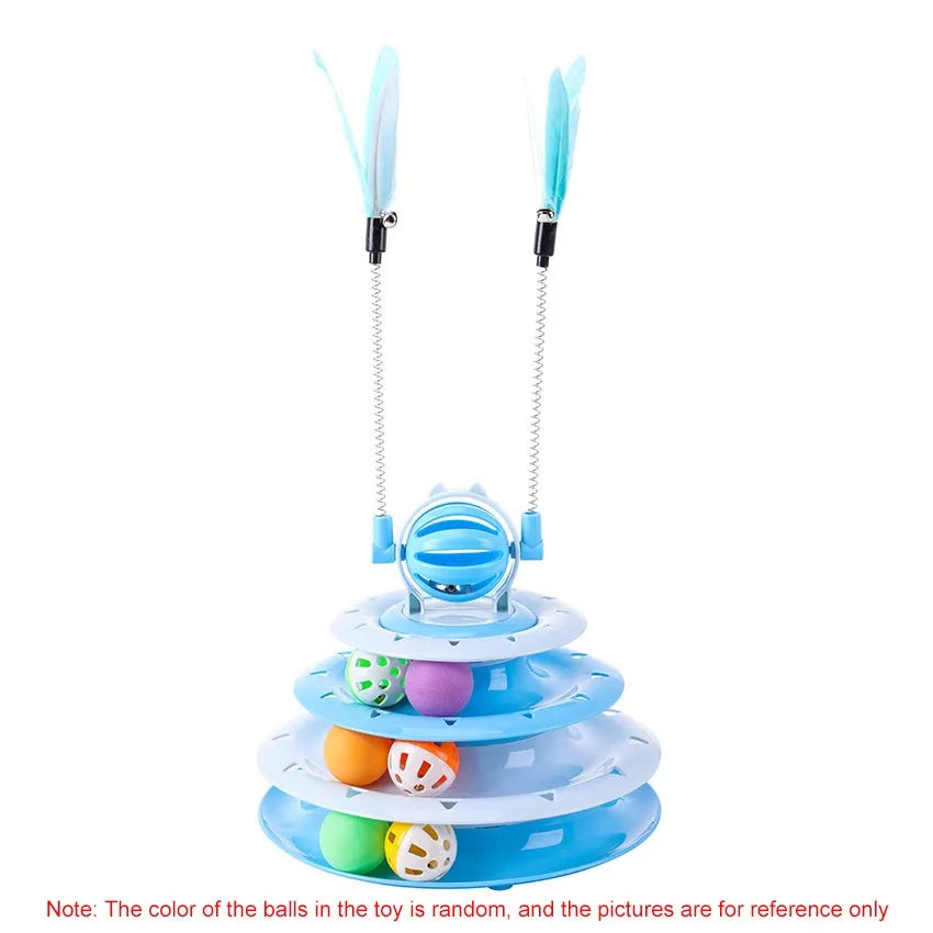 4-tier interactive cat puzzle ball toy with six coloured balls, two teasing rods, and bell on top