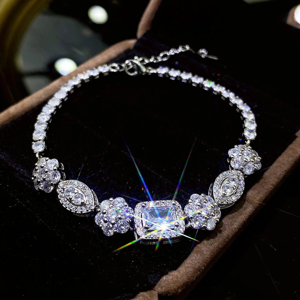 Women's geometric S925 silver-plated bracelet with inlaid zircon stones, shown in two size options.