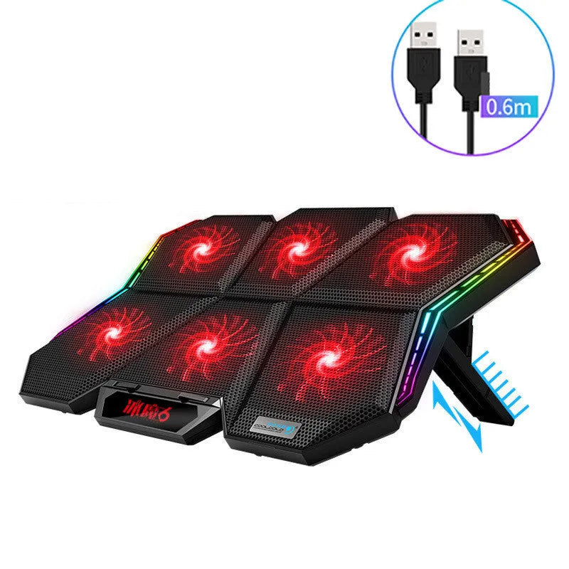 Ice Magic 6 notebook radiator with six cooling fans, black and red plastic housing.