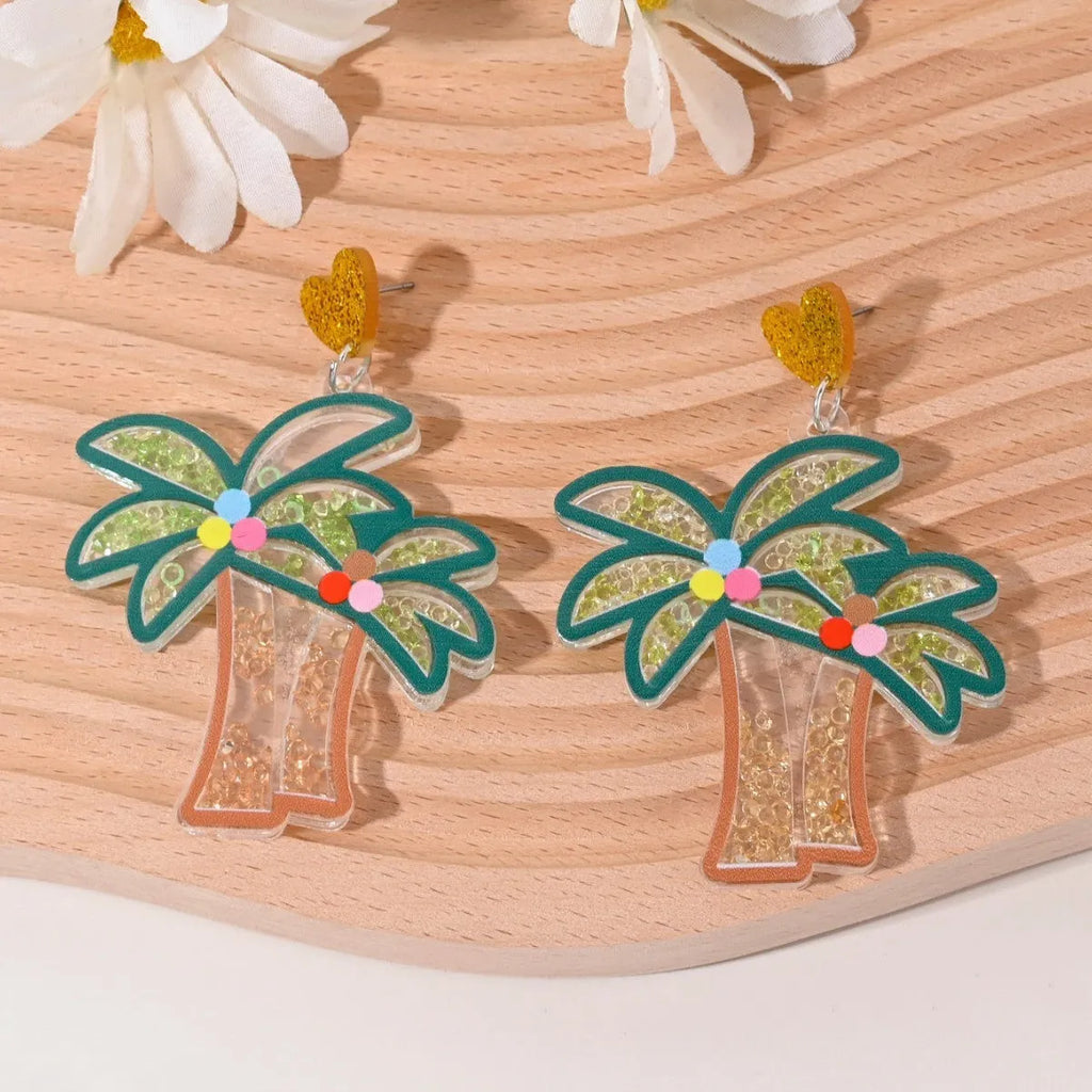 Set of acrylic earrings shaped like cherry, strawberry, watermelon, pineapple, coconut, cake, and ice cream.