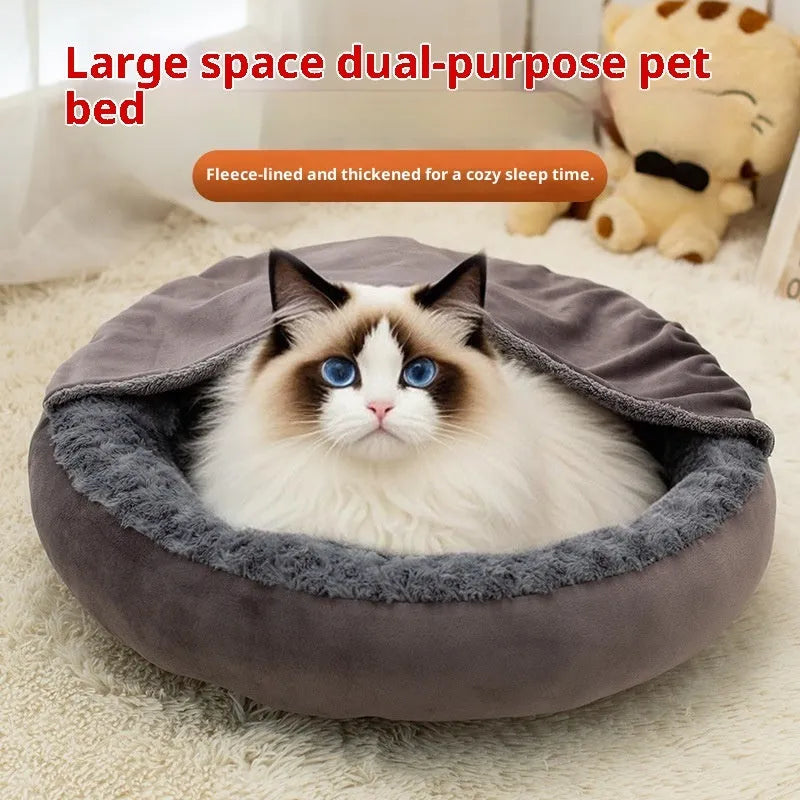 Round dark grey flannel cat bed cushion on floor with size options 50cm 60cm 70cm