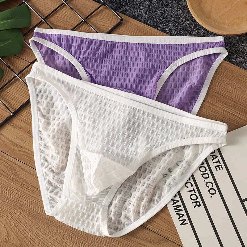 Men's low waist transparent lace underwear in solid colour on size chart
