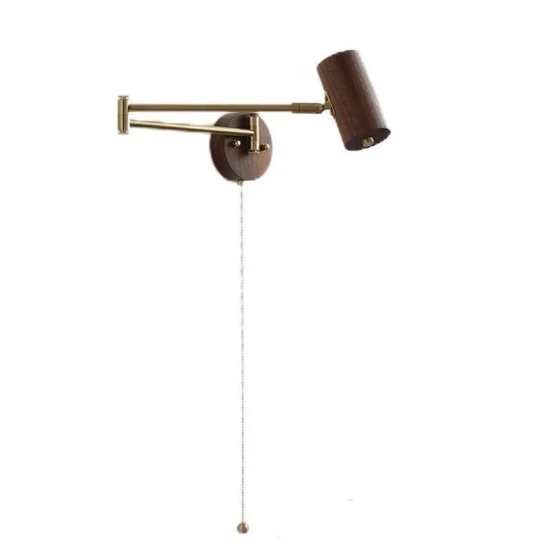 Retro-style rotating wall lamp with adjustable arm and integrated cord switch in walnut or wood finish