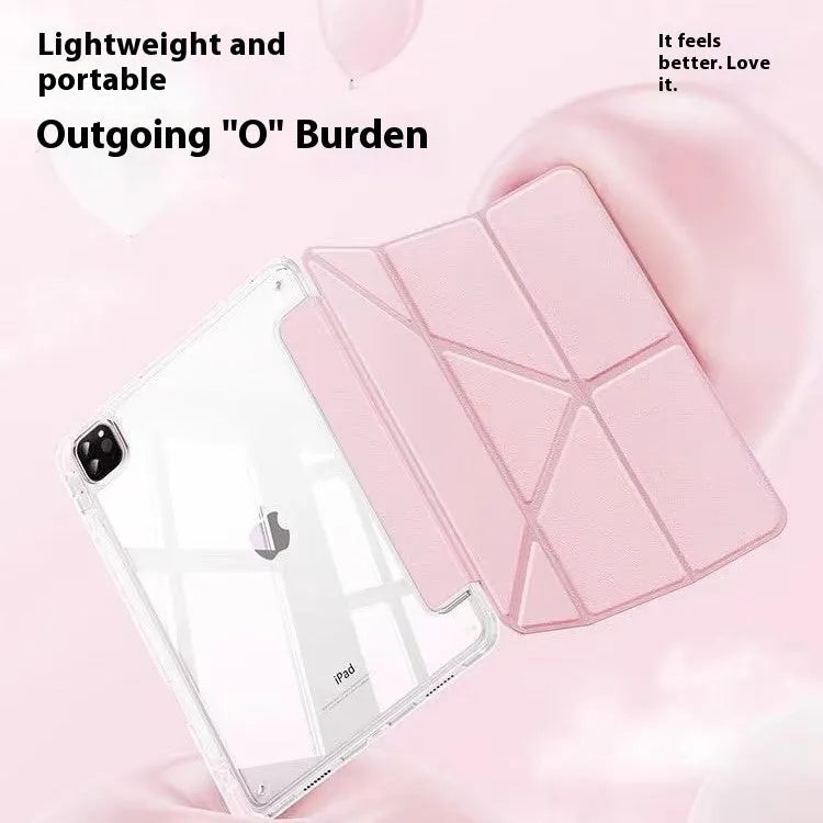 Clear acrylic iPad protective cover with a folding stand, shown in multiple colour options.